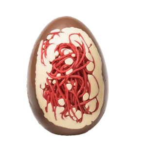 red strawberry laces in white chocolate in a milk chocolate easter egg