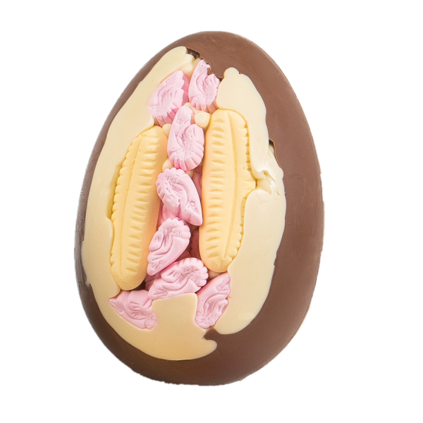 foam shrimp and banana sweets set in a white and milk chocolate inclusion easter egg