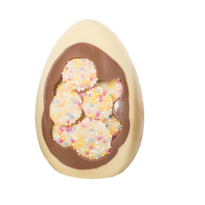 white snowies set in milk chocolate on a white chooclate inclusion easter egg