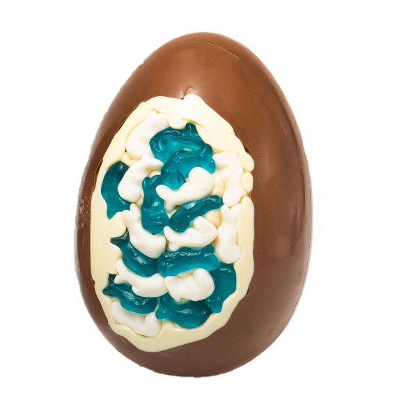milk chocolate easter egg with white chocolate and baby dolphin jelly sweets inclusion