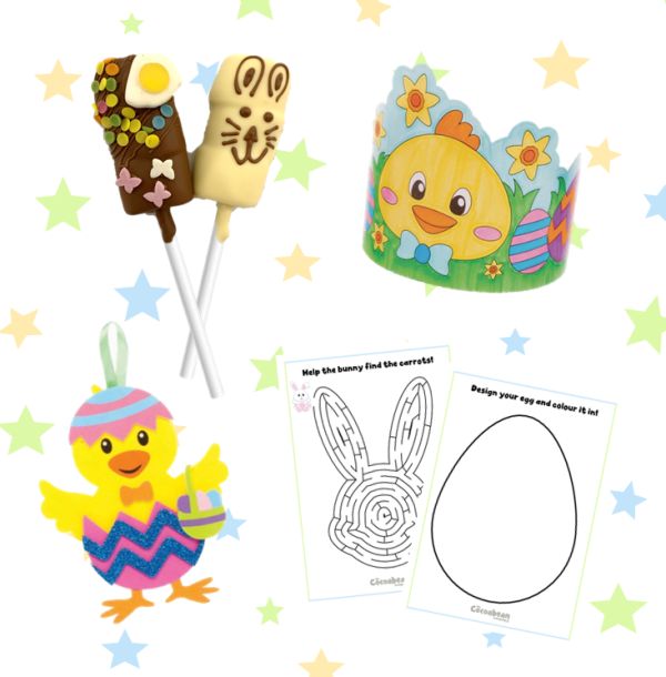 children's easter activity kit with hat, decoration and chocolate marshamallows pops