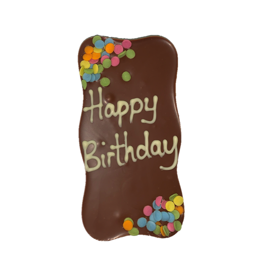 chocolate slab with happy birthday and confetti sprikles