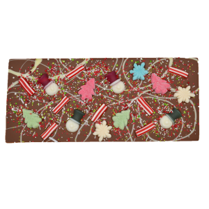 500g long christmas chocolate bar with snowmen, snowflakes and candy canes