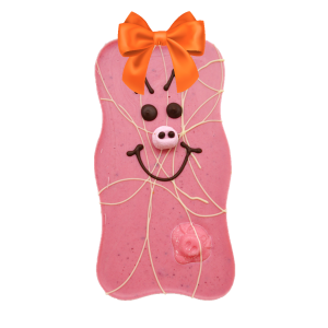 pink pig wavy chocolate bar with orange ribbon