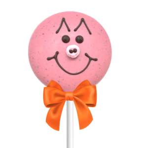 pink coloured chocolate pig lollipop with orange bow