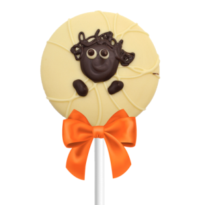 white chocolate sheep lollipop with orange bow