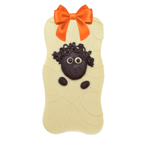 white chocolate sheep wavy bar with orange ribbon