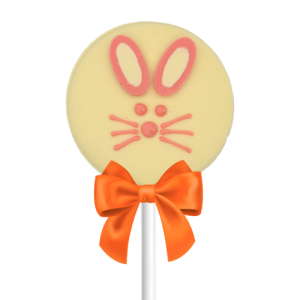 white and pink chocolate bunny lollipop with orange ribbon