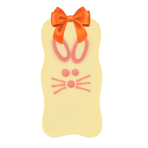 white and pink chocolate wavy bunny bar with orange ribbon