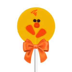 Yellow and orange chocolate chick lollipop with orange bow