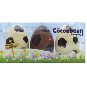 Trio of chocolate Cow Eggs in spring packaging