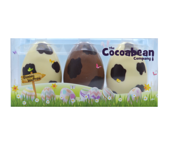 Trio of chocolate Cow Eggs in spring packaging