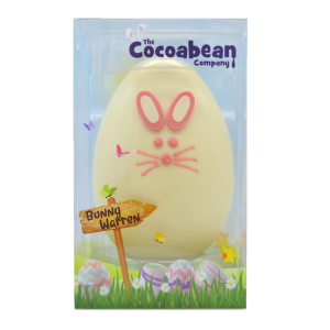 white chocolate bunny easter egg in spring packaging