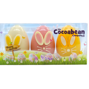 chocolate bunny eggs in spring themed packaging