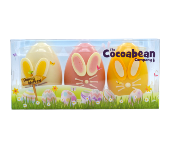 chocolate bunny eggs in spring themed packaging