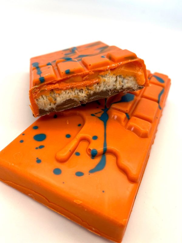 iron brew chocolate bar with blue splats