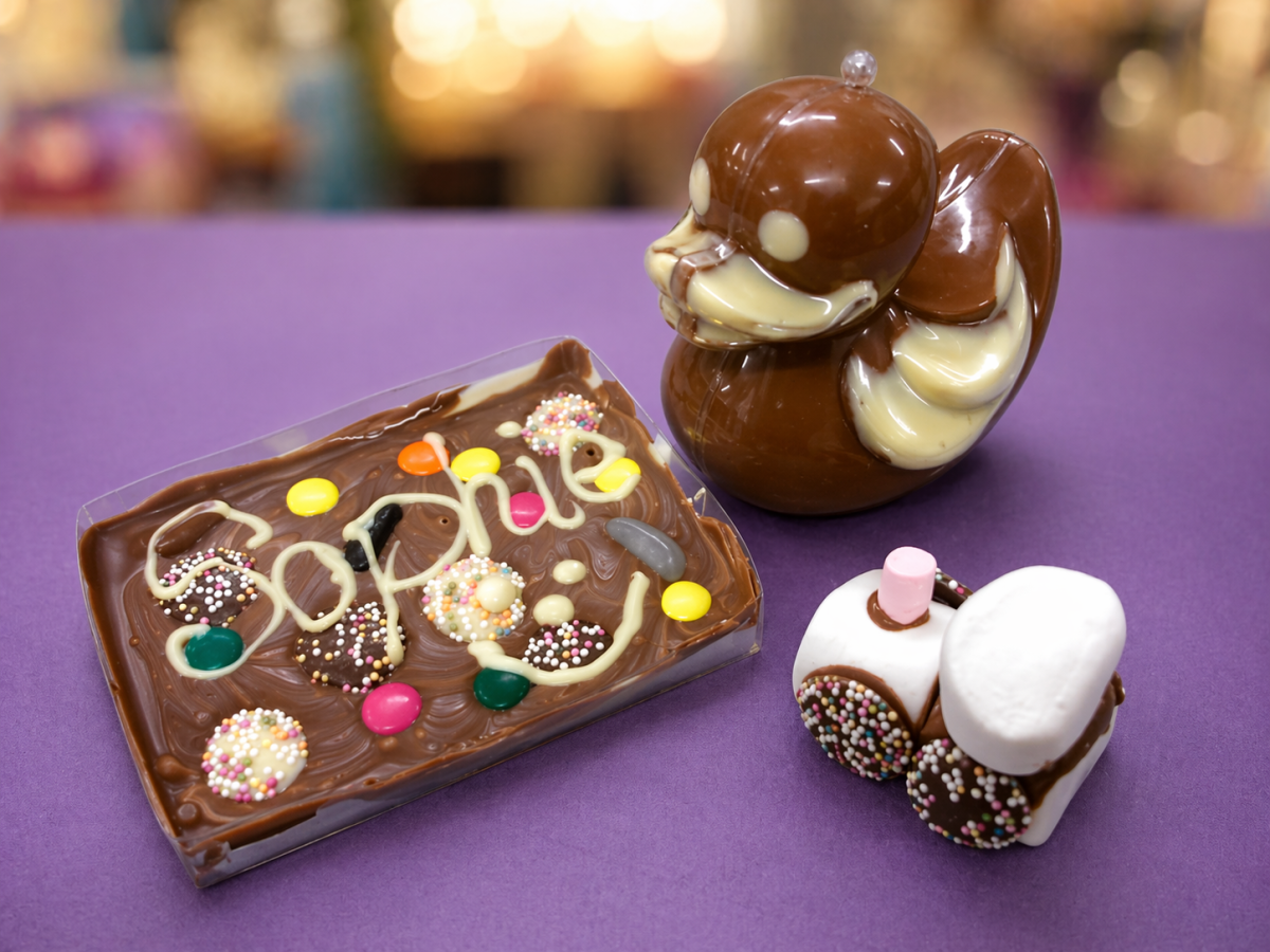 chocolate bar, chocolate duck shape and marshmallow train